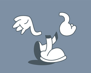 Cartoon-style illustration of gloves and shoes floating on a plain gray background. A playful and creative concept. Vector illustration