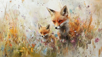 Obraz premium A painting of two foxes in a field of wildflowers, one facing the camera and the other looking away