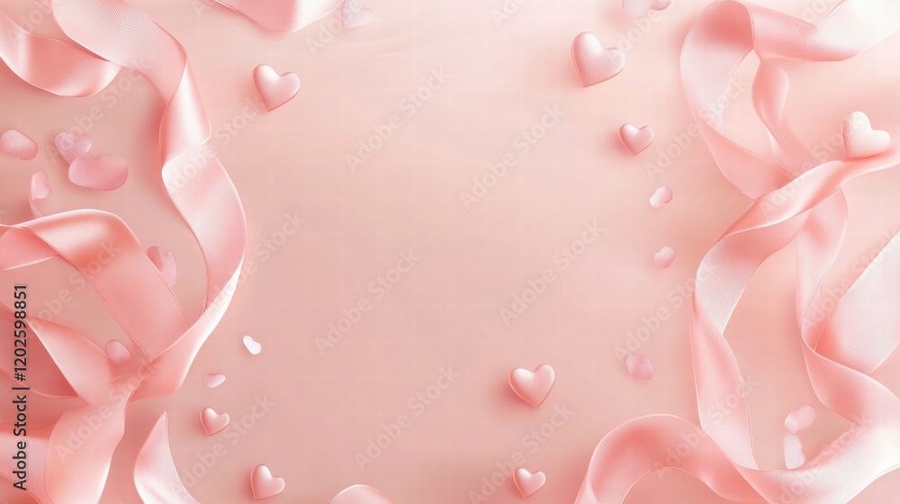 Poster soft pink hearts and ribbons create a romantic background for celebrations or special occasions in a