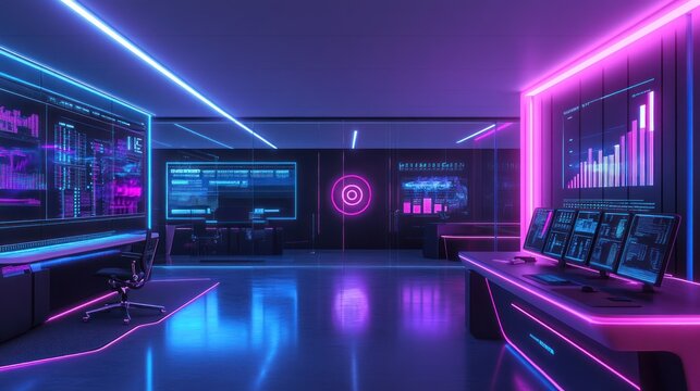 Futuristic control room; neon lights, data screens, night, monitoring