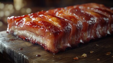 Smoked ribs, wood board, kitchen, glistening, festive background, food photography