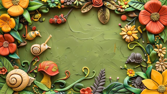 A colorful 3D clay artwork of flowers, snails and a mushroom.