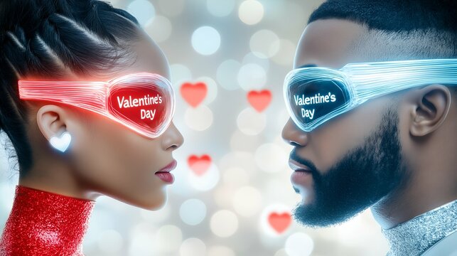 Futuristic couple in neon smart glasses with Valentines day inscription