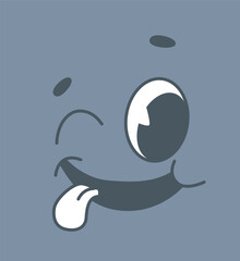 Cartoon-style funny face expression featuring a goofy smile, one eye open, and tongue out, on a simple gray background. Concept of humor and playfulness. Vector illustration.