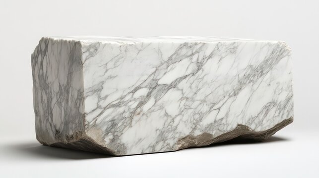 Rough-hewn white marble block isolated on white background.