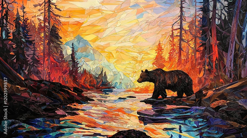 Poster bear walking in forest stream with trees on either side, sunset in background