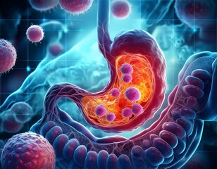 Illustration of Stomach Cancer Cells Attacking Healthy Tissue on a Scientific Medical Background