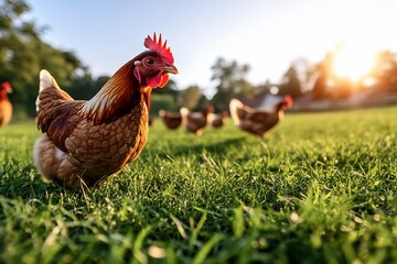 Fototapeta premium Hen foraging in grassy pasture at sunset; rural farm background; idyllic poultry farming image