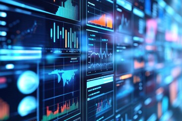 Global data analysis, digital wall, market trends, futuristic office, business intelligence