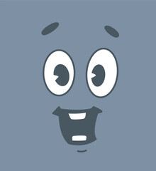Playful cartoon face with big expressive eyes and a cheerful smile on a solid gray background. Fun and whimsical design concept. Vector illustration