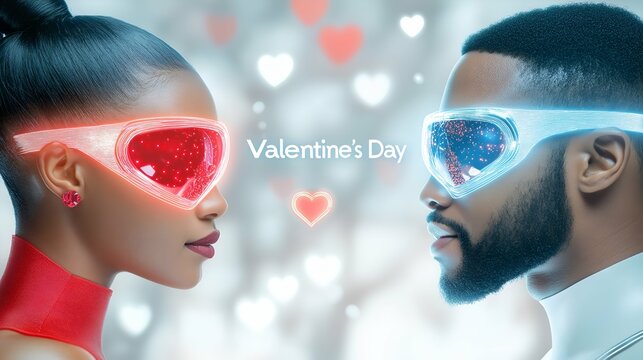 Futuristic people in neon smart glasses, Valentines day greeting card