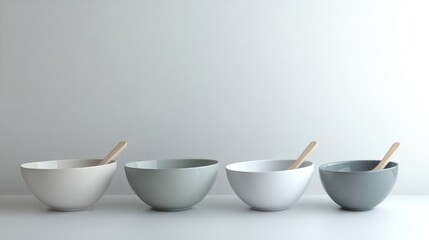 Four bowls, spoons, minimalist kitchen, clean background, food photography