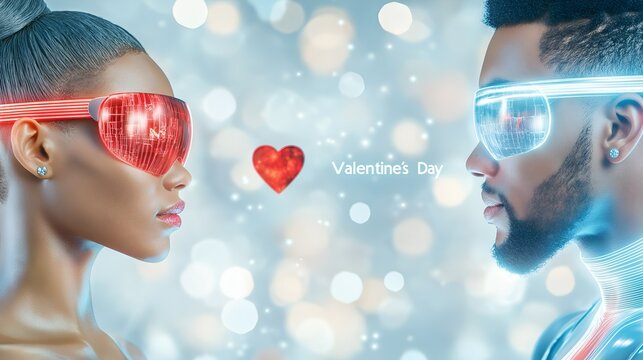 Futuristic african american couple in neon glasses, Valentines day - Powered by Adobe