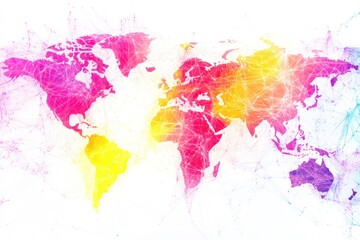Fototapeta premium Colorful world map network, global connection, data flow, white background, website banner