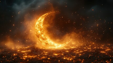 A glowing crescent moon made of fiery particles amidst a dark, smoky background.