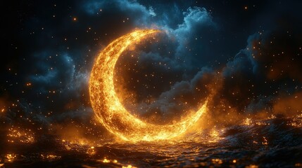 A glowing crescent moon made of fire amidst dark clouds and sparkling particles.