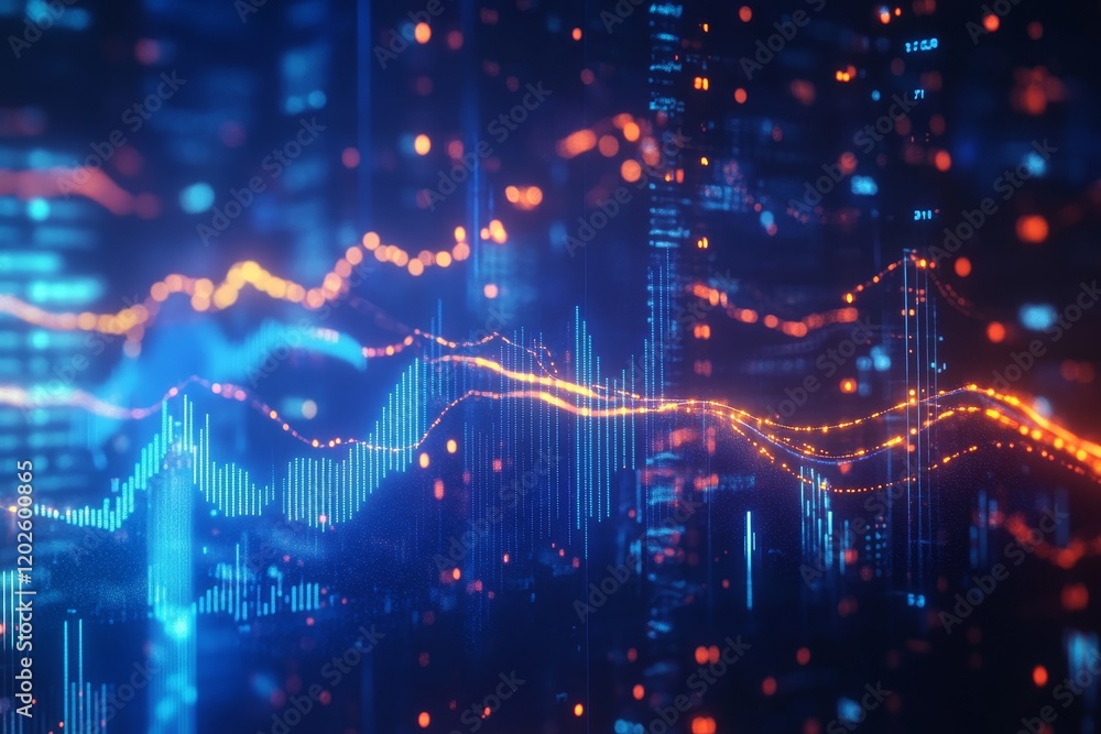 Poster dynamic digital financial data visuals with neon graphs and charts on a dark blue background