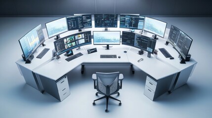Control room monitors display data; analyst chair awaits
