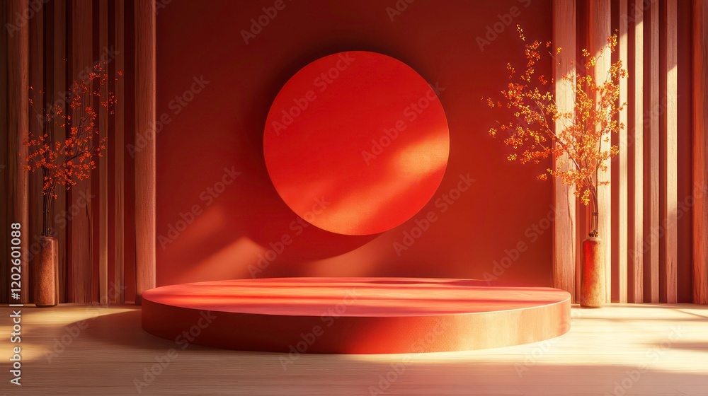 Poster Red cylindrical platform in minimalist room with sunlight and autumn branches.