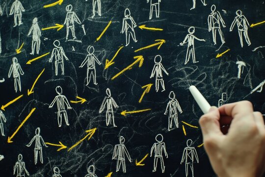 Conceptual visualization of influence spread on chalkboard with minimalist stick figures and arrows