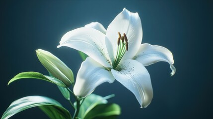 Fototapeta premium Elegant white lily blooming, studio shot, dark background, floral design