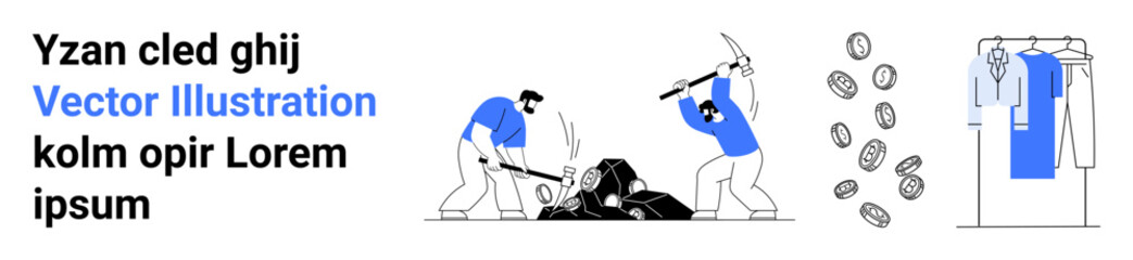 Miners work together breaking rocks with pickaxes as coins cascade beside them, next to a neat clothes rack holding garments. Ideal for teamwork, resource extraction, economy, financial success