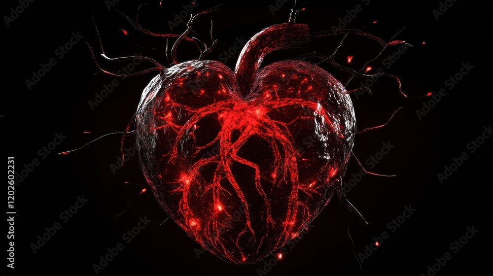 Poster heart illuminated with glowing veins and intricate details creates a stunning visual in dark surroun