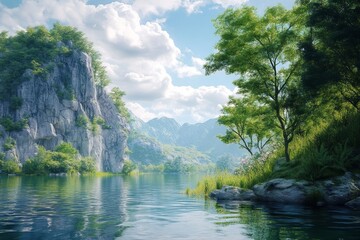 Tranquil riverside scene surrounded by lush greenery and majestic rocky cliffs under a blue sky