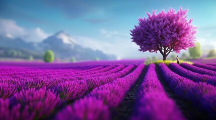 Obraz premium A solitary tree stands amidst a field of lavenders, framed by a blue sky and distant mountain range