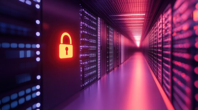 Secure server room data center corridor; red padlock cybersecurity