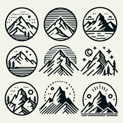 Mountain Icon Set Logo Design, Mountain Range Logo Design, Nature Icon Set Logo, Adventure Logo with Mountains, Hiking Trail Logo
