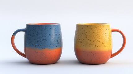 Two speckled mugs, studio shot, ombre design, white background, beverage display