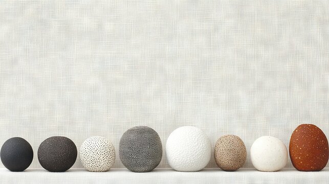   A diverse lineup of colorful eggs rests on a pristine white countertop, set against the backdrop of a simple white wall