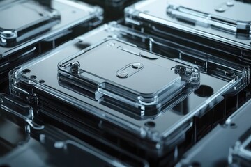 Transparent processors, stacked, factory, reflective surface, tech concept