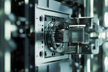 Fototapeta premium Precision machining robotic arm inserting component into factory machine