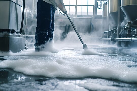 Brewery worker in waterproof boots and protective clothing cleaning the brewery floor with disinfectant foam and a pressure washer, ensuring hygiene and sanitation