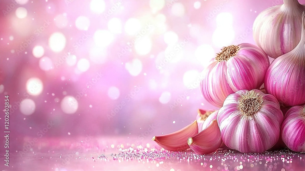 Poster a countertop with pink onions stacked and adjacent to a table with garlic piled up on top of it