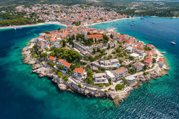 Aerial view of the picturesque Primosten town, Adriatic sea, Croatia