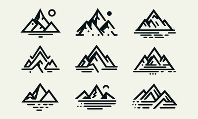 Mountain Icon Set Logo Design, Mountain Range Logo Design, Nature Icon Set Logo, Adventure Logo with Mountains, Hiking Trail Logo