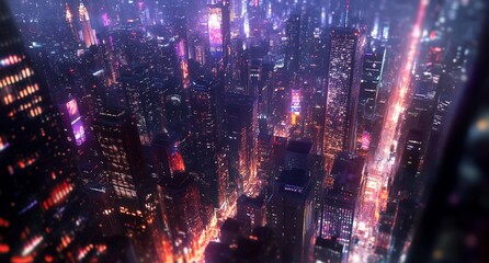 Obraz premium Night cityscape, aerial view of illuminated skyscrapers and streets.