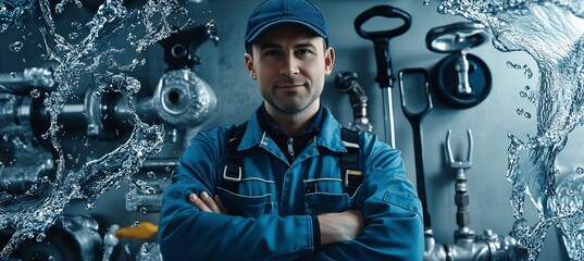 Confident plumber with arms crossed, surrounded by plumbing tools and splashing water.