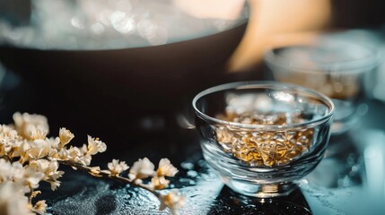 Tea ceremony with blooming flowers and traditional cups