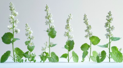 White flowers growth stages, studio backdrop, botanical research
