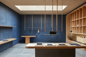 Minimalist interior design of a modern retail store with light wood shelves, blue walls, and a central display table.