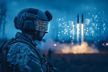 Soldier wearing tactical helmet with augmented reality visor supervising missile launch, futuristic military technology and defense concept