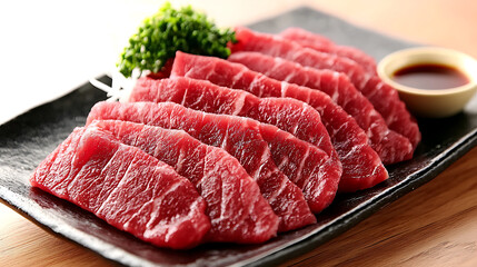 Fresh sashimi platter featuring thinly sliced raw fish, garnished with herbs and served with dipping sauce