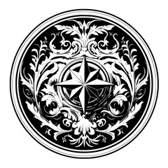 Intricate compass design surrounded by elegant floral motifs embodying navigation and artistry in timeless black and white