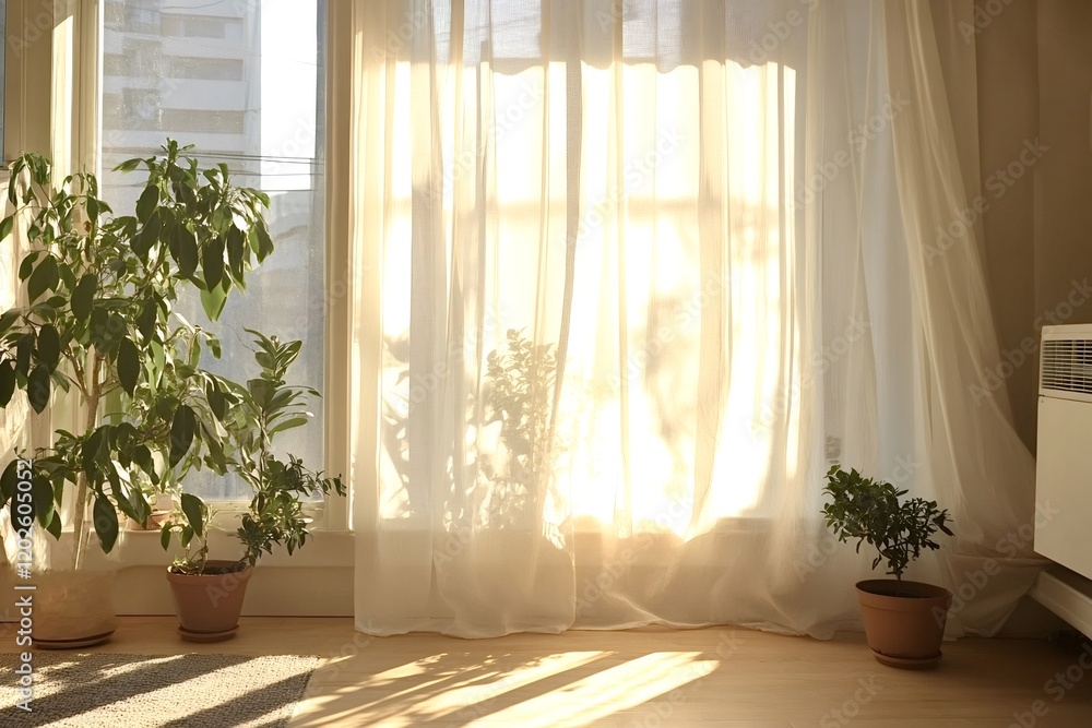 Poster sunlight streams through sheer curtains in a bright room, illuminating potted plants placed near a w