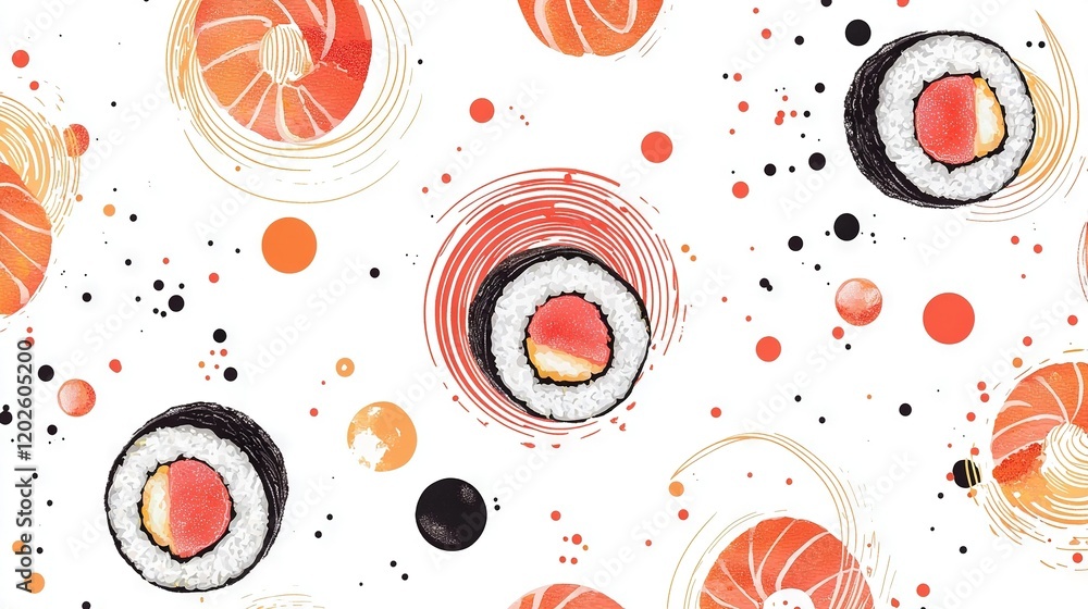 Poster sushi pattern on white background with oranges, black dots and a spiral of circles