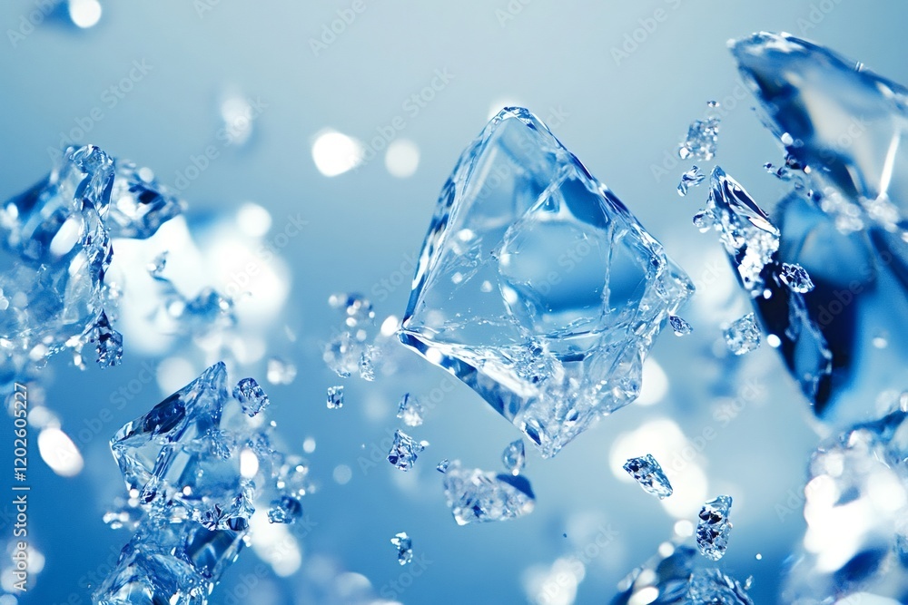 Poster ice cubes exploding against a light blue background, scattering shards and creating a refreshing vis